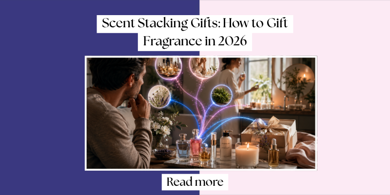 Thoughtful gift-giver considering fragrance and scent-layering clues with personalized gift options connected by subtle AI-inspired paths.